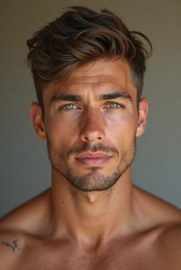 masterpiece, best quality, high resolution, closeup portrait, male focus, solo focus, A man, 50 years old, with military clothes, soldier, blonde bleached hair, messy hairstyle, cute and seductive face, bare chest, body hair, facial hair, roman nose, very skinny body, hairy legs, dimples, beard, bold jawline , in the background a millitary camp and other soldiers, view from below, amazing composition, front view, HDR, ultra quality, elegant, highly detailed