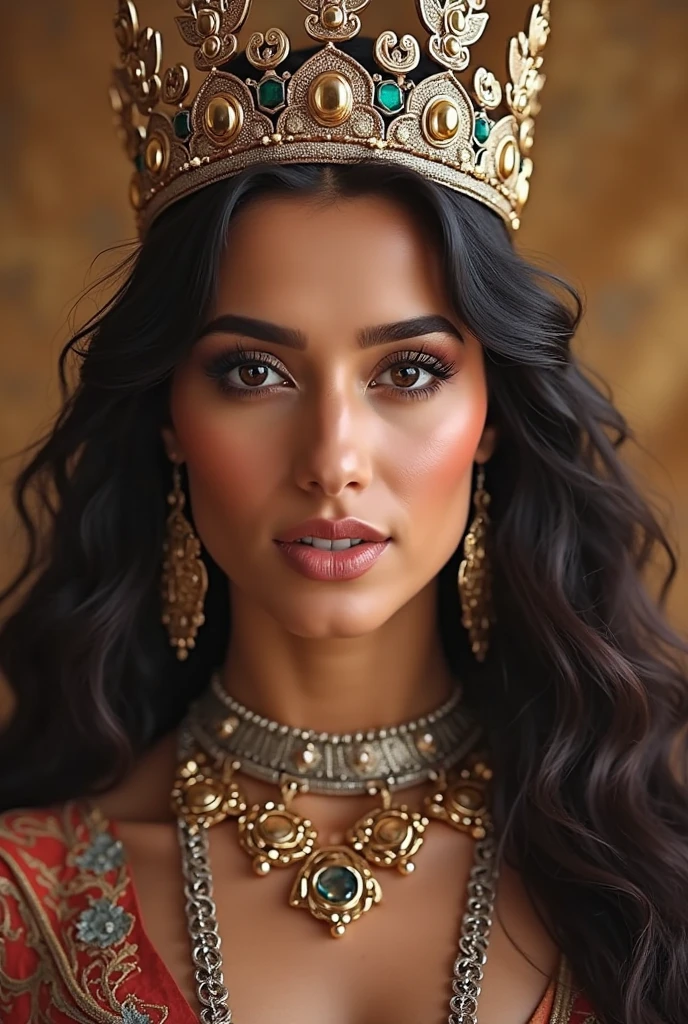 realistic portrait of an extremely beautiful Venezuelan woman, smiling, wearing a tight sequin Scuba Crepe 3/4 Sleeve Split V-Neck Sheath Dress, wearing a choker, detailed facial features, piercing eyes, wearing a headdress, elegant long eyelashes, beautiful lips, delicate nose, intricate jewelry, dramatic lighting, highly detailed, photorealistic, 8k, cinematic composition, dramatic pose, masterpiece