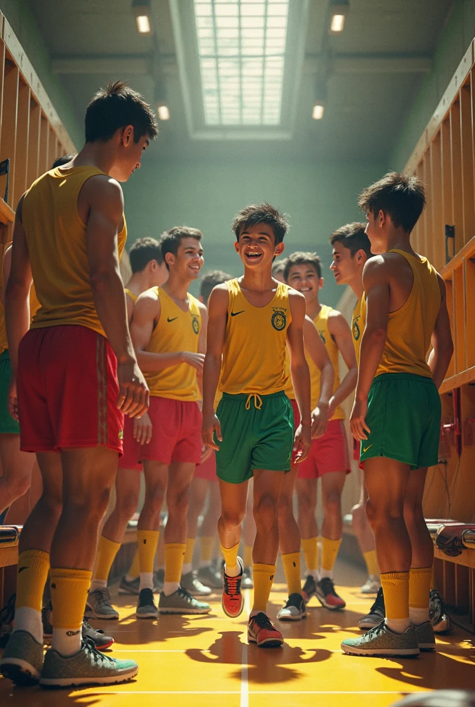 Realistic photography, 1 young skinny Mixed Latino and Japanese male supermodel, wearing transparent tiny low-cut thong covering half of his big hard cock. thick bulge, with a slight off-center placement to draw the eye towards him while still incorporating of hot group of male football team in background. (Full body photo), Proudly showing off almost naked body, masterpiece, detailed face, detailed eyes, sexy, beautiful abdomen and beautiful smooth legs and a detailed big hard bulge, expression of ecstasy, exciting, detailed eyes and lips, Image quality is of the highest standard, with ultra-detailed features and a realistic appearance, enhancing the overall aesthetic. The lighting is soft and natural, casting a soft glow on the boy, The photograph is taken with a Canon EOS R6 camera using an 85mm f/1.8 lens at an f/2.2 aperture, Employing shadows enhances his features and adds depth to the composition. The careful layering and arrangement of his body parts and surrounding objects ensure a flawless composition. This masterpiece celebrates the beauty of the male form and invites viewers to immerse themselves in a world of sophistication and charm. The seductive lighting and intricate details, combined with a dramatic composition, invite viewers to revel in the essence of a fun-filled day, brimming with joy and relaxation. Attention is meticulously paid to the layers and arrangement of his body parts and surrounding objects, ensuring correct body structure and photo distance, The romantic atmosphere, paired with a lively and extremely gorgeous background, enhances the overall allure of this exquisite image.