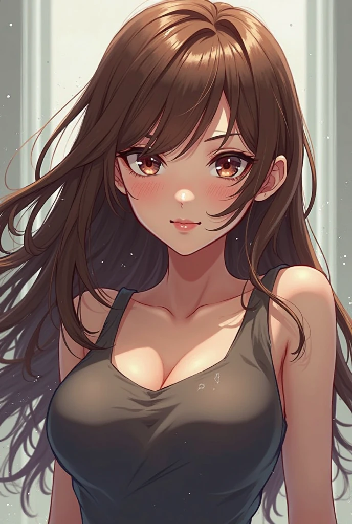 Teenage girl with wavy, long, brown hair, with layers, light brown eyes, small nose, big juicy lips, tanned skin, anime type, tight black tank top, slim with curves, small waist, pink nails