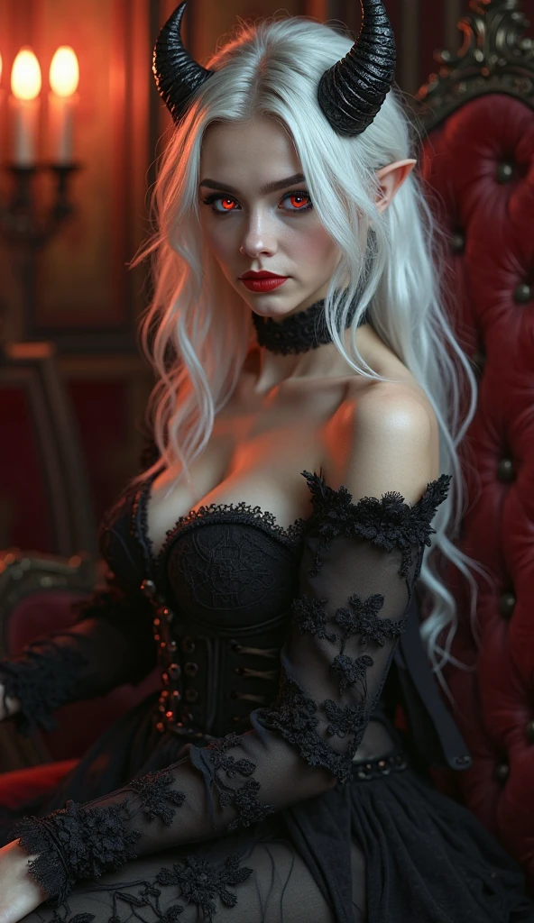 A scientist, demon with amber eyes/snake orange, white  hair, albino, fangs, steam long, pale skin with black vein tattoos, black gloves, Black high-neck blouse, white jacket with exposed shoulders, black pants, long black boots, choker, red hourglass earring
