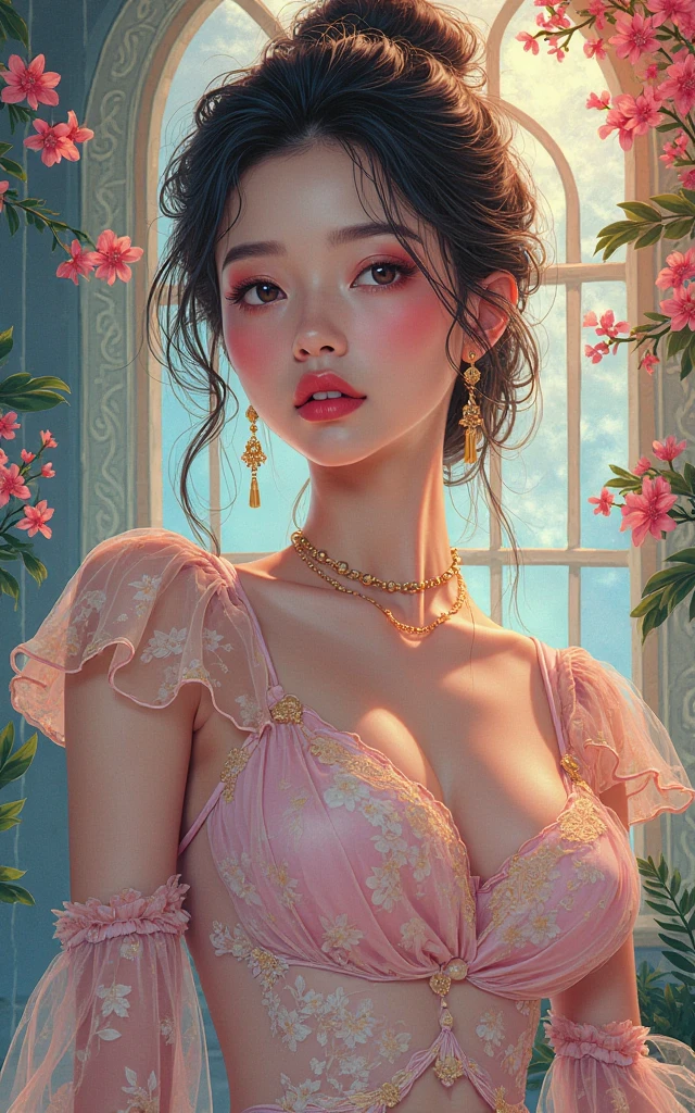 A portrait of a beautiful confident korean young woman with a suttle smile wearing a pink crop top with her hair in two messy space buns with a brown bandana.she is wearing suttle makeup ,dainty gold jewelry ,acrylic painting style. The painting should be vibrant colors,The background is a mottled gradient with grey poppies outlined in gold