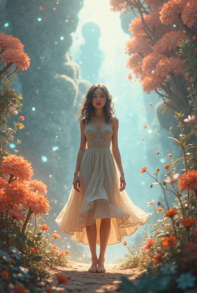 A magical night。Surrounded by soap bubbles, flowers, and gears。Sheer dress that hides the elegant white skin。Medium Hair。Side hair is layered、The bangs are straight and reach the eyes。
Kyoko Fukada、Japanese face。
A gentle gaze。
The head is thick and short。She has big breasts。The arms are thicker.。thighs are thick。Selfish Body。155cm80kg
5 heads tall
Thin, raised eyebrows、Sharp down-turned eyes、Smiling with outstretched arms and calling