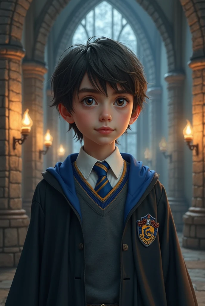 Generate a dark fantasy, 11yers old neville longbottom, Puffy cheeks, yong, cute, fatface, bobhaircut, shorthair, straighthair, hufflepuff cosplay, neville longbottom