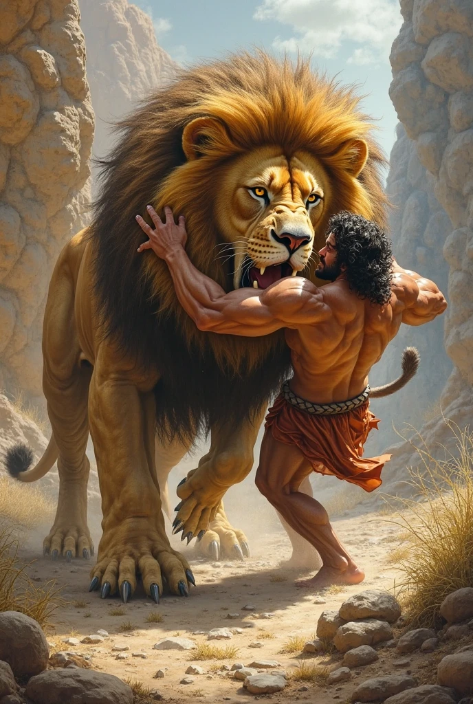 Samson, a strongest man in history fighting against lion trying to tear out its mouth by forcing his hands on lions upper jaw and lower jaw