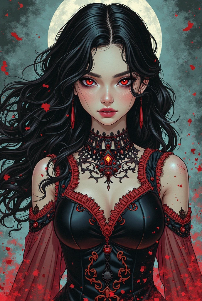 a glamour picture shot, of an elite vampire model, walking on a (dark catwalk: 1.2), an extraordinary glamourous elite female vampire model, ((full body: 1.5)),  ((anatomically correct: 1.5), (ultra detailed face: 1.2), best detailed face, black hair, long hair, lush hair, glam hair cut, red eyes, delicate face, light make up, wearing intricate white detailed dress, glamour dress, haute couture dress, elite fashion dress, white dress, decorated with diamonds,  small cleavage, wearing high heels, elegant high heels, she wears diamond necklace, elite fashion show background, vibrant, Hyperrealism style, vibrant, Ultra-high resolution, High Contrast, (masterpiece:1.5), highest quality, Best aesthetics), best details, best quality, highres, ultra wide angle, 16k, [ultra detailed], masterpiece, best quality, (extremely detailed) RAW, chumbasket art style, rpg portrait, photograph, BloodSoakedAI, vampire teeth