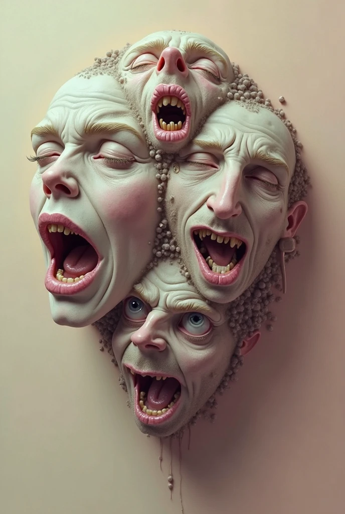 Expressionist artwork images of multiple floating ceramic heads of hispanic men, 3d collage style, make it weird and gallery worthy