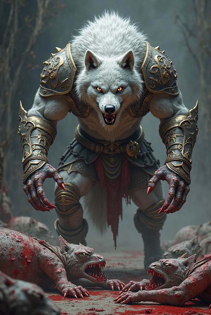 Samurai pitbull with open bleeding wounds and healed scars with a katana in his hand ready for battle