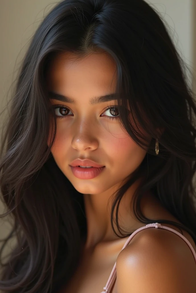 A Brazilian girl The girl in the images has a delicate and graceful appearance. She has fair to medium skin with a smooth complexion, light skin tone that adds to her overall elegance. your face is heart shaped, with soft, rounded features that give her a youthful and approachable look.
Her hair is long, tenebrosa, it is sore, descending beyond the shoulders. The deep black color contrasts beautifully with her skin tone. In both images, Her hair is loose, framing her face naturally, with a slight center parting that adds simplicity to her style.
His eyes are large and almond, with tenebrosa, expressive and well-defined eyebrows. Her gaze is kind, More pensive, giving her a contemplative expression in the first image, while in the second image, She is smiling, showing a warm and friendly demeanor. His eyelashes are long, accentuating her eyes.
She has a small, straight nose and well-proportioned to the face. Your lips are full and naturally pink, with a subtle smile visible in the second image. The shape of her lips adds softness and overall femininity.