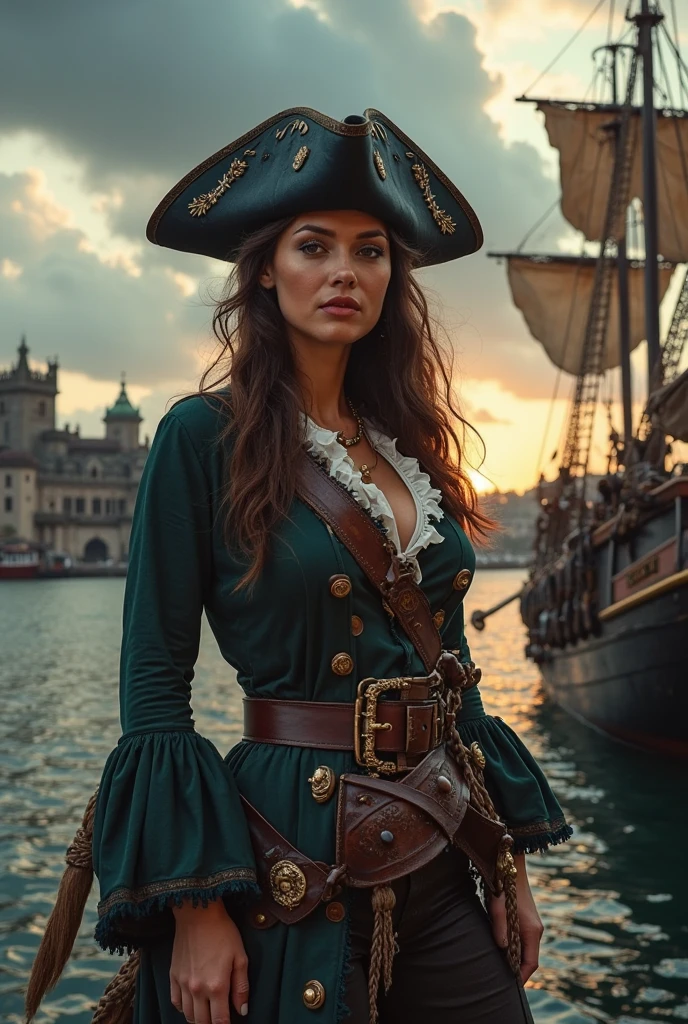 Steampunk style, an imposing pirate woman, with wavy black hair that falls to her waist and blue eyes. Her skin is sun-kissed and marked by scars that reveal her life of adventures at sea. She wears a large cloak reinforced with metal, adorned with pirate insignia, practical and weather-resistant clothes for the sea, tall boots, and of course, Her hat,. Besides two pistols and a long sword