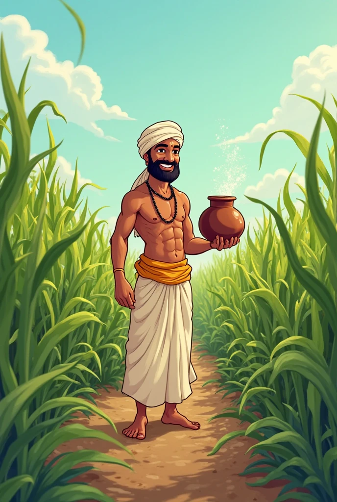 Dhruv’s Healthy Crops After the Rain
Description: In a comic style, Dhruv is standing in his field, now lush and green after the rains. He’s holding a healthy stalk of wheat, looking proud and content. He’s still dressed in his white dhoti and brown kurta, which are now clean and bright under the sunlight.