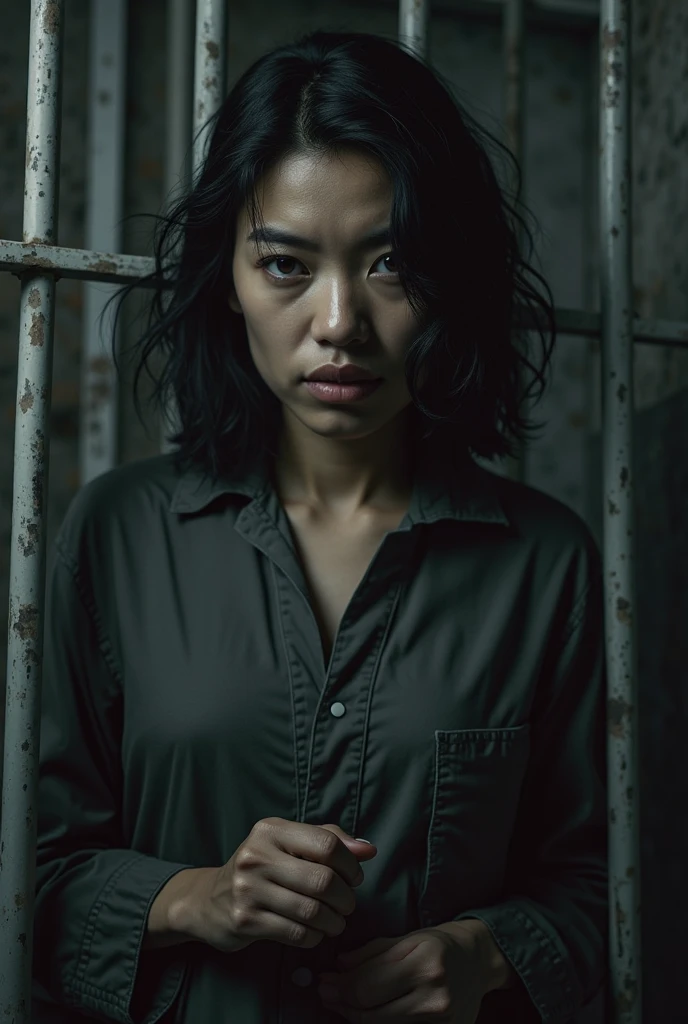 A hauntingly beautiful and eerie scene of a sad-eyed Asian woman, sitting on the cold, industrial floor of an abandoned steel factory. She is dressed in a tattered beige dress, her long, wavy black hair slightly messy. A flickering campfire provides a meager source of warmth in the oppressive atmosphere. The woman's eyes are filled with fear as a supernatural figure emerges from the shadows: a massive black wolf beast with piercing yellow eyes. Its presence looms over her, creating an intense contrast between the warm fire and the cold, desolate surroundings. The image is mesmerizing, drawing the viewer into the woman's plight and the eerie ambiance of the factory.