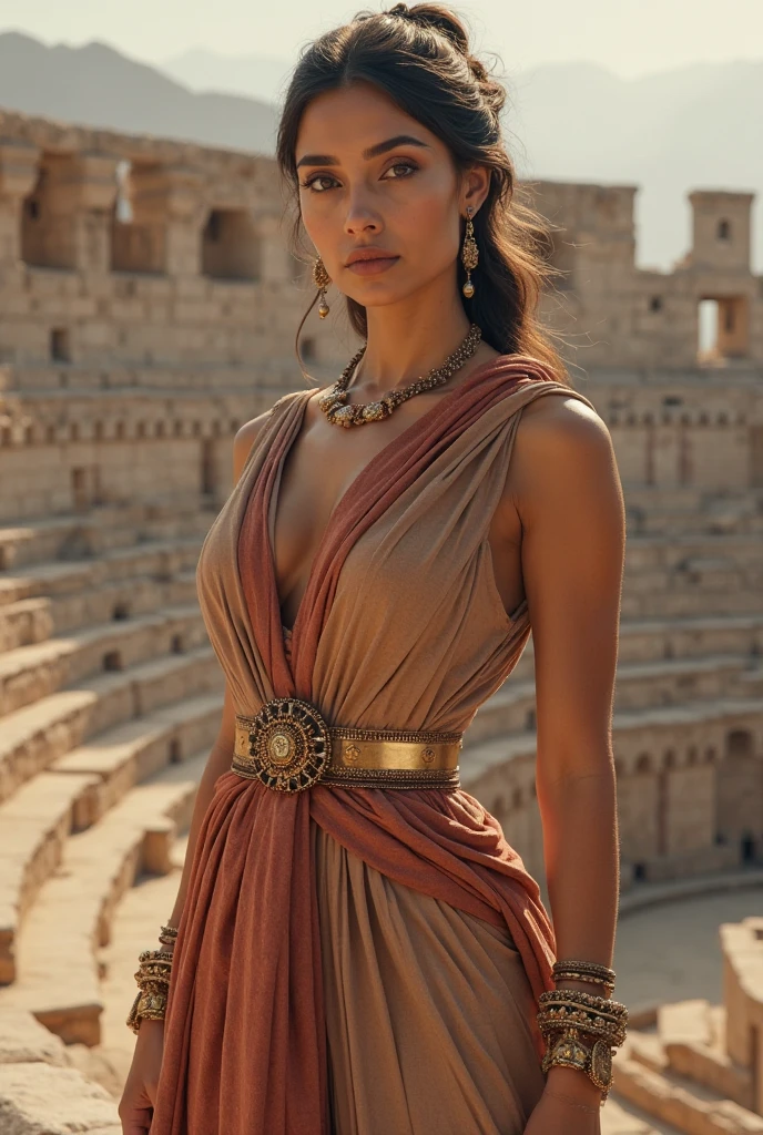 (Emma Watson) sexy body, wearing ancient Sexy Red Slit Egyptian dress, sexy cleavage, in the desert, bones of dead animals