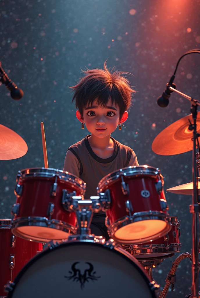Uma capa de um filme que diz bateria, Em estilo Pixar e uma bateria azul com um jovem de cabelo liso tocando na bateria