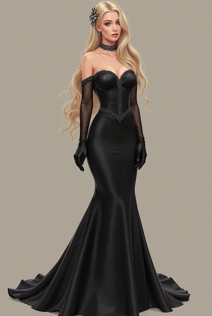a glamour picture shot,  ((full body: 1.5) of an elite vampire model, walking on a (dark catwalk: 1.2), an extraordinary glamourous elite female vampire model, ((full body: 1.5)),  ((anatomically correct: 1.5), (ultra detailed face: 1.2), best detailed face, blond hair, long hair, lush hair, red eyes, delicate face, light make up, wearing intricate blue detailed dress, glamour dress, haute couture dress, elite fashion dress, white dress, decorated with diamonds,  small cleavage, wearing high heels, elegant high heels, she wears diamond necklace, elite fashion show background, vibrant, Hyperrealism style, vibrant, Ultra-high resolution, High Contrast, (masterpiece:1.5), highest quality, Best aesthetics), best details, best quality, highres, ultra wide angle, 16k, [ultra detailed], masterpiece, best quality, (extremely detailed) RAW, hud_s1n, short black dress, long sleeves, veil, thighhighs, rpg portrait, photograph, BloodSoakedAI, vampire teeth, Haute_Couture