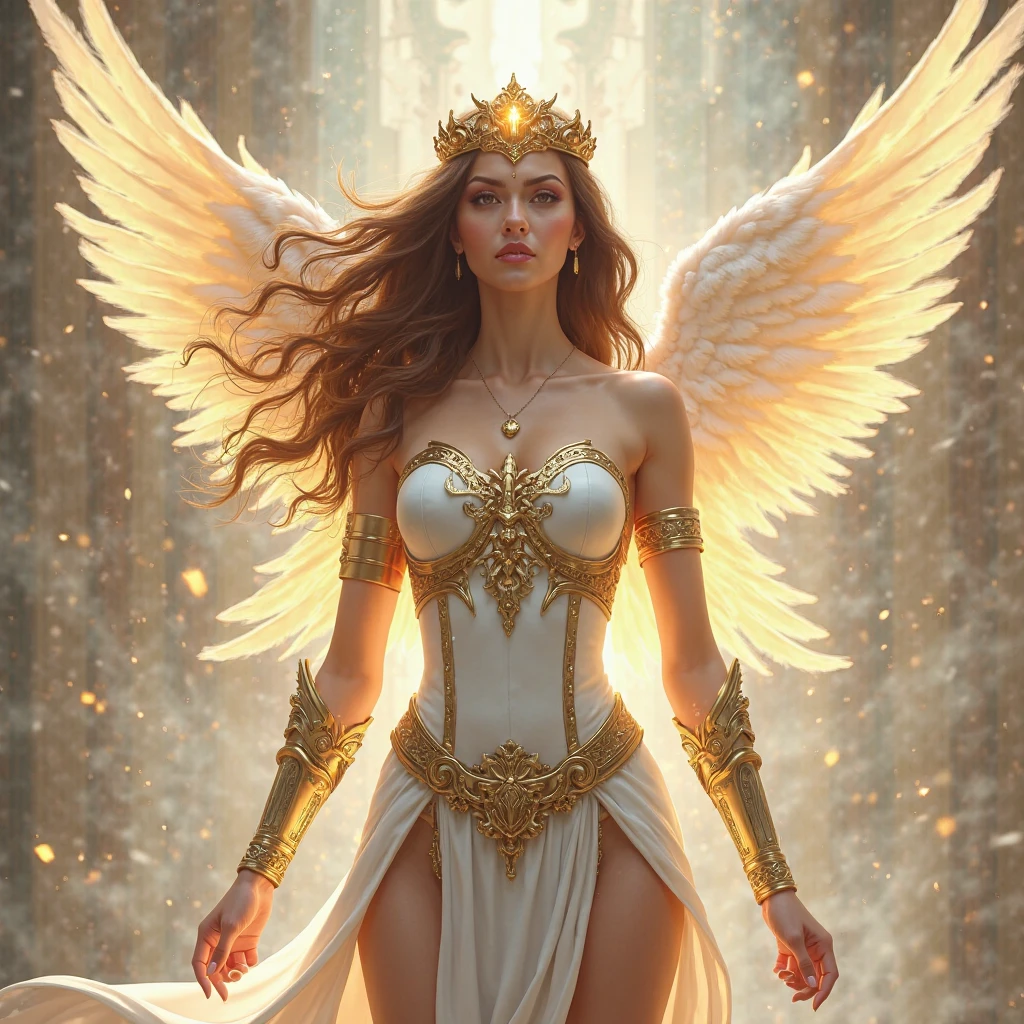 MULHER BONITA na montanha, sunset sky, red sunset clouds, sunset, cabelos longos ao vento, Eagle feathers, eagle queen, goddess dressed in Eagle feathers, fantasia, overexposure, Olhos perfeitos, metallic colors, arte surreal , Corpo todo, barefoot, vista do horizonte montanhoso, Lago ao longe, senhora no centro da cena, enorme lua cheia na frente do sol, ((Roupas transparentes)), ((dark storm clouds with lightning)), lightning strikes, garoa leve, nevoeiro ao longe, deusa no topo da montanha,