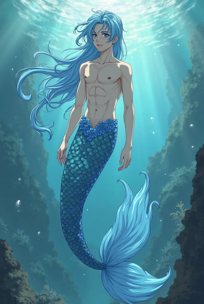 Anime style An underwater merman with long white hair, blue scales, red eyes, pale skin, swimming on the sea floor, algae in different colors and purple yellow fish