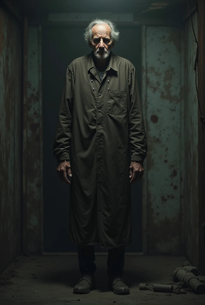 Command: "Image of a pale, hunched figure, with blank eyes and a distorted smile, in a dark attic. The crooked man has a frightening and menacing appearance."
Ultra realistic image.