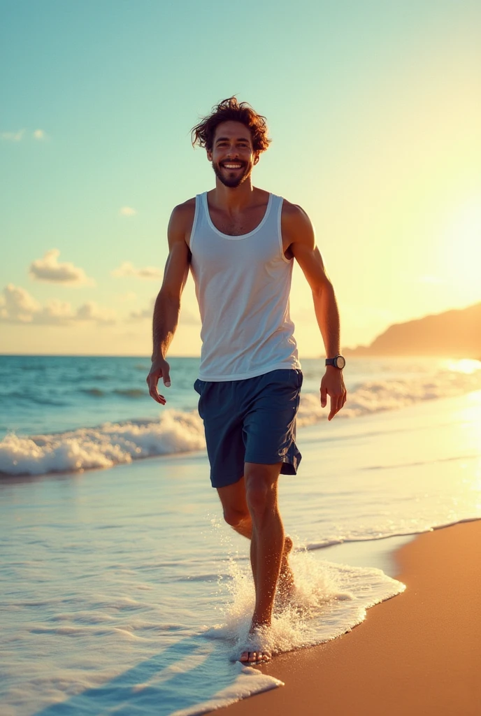 a 39-year-old white man, model type with dark hair,  without beard, clear eyes,, shirt, calcao, sitting on the beach in the Algarve watching a man running in the distance