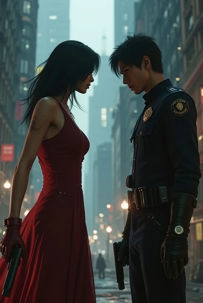 A man and a woman are agents, hugging each other, raining, holding pistols, hiding, clothes torn, clothes wet, on a narrow street corner in modern London, being chased, the two bodies close together, cyberpunk style