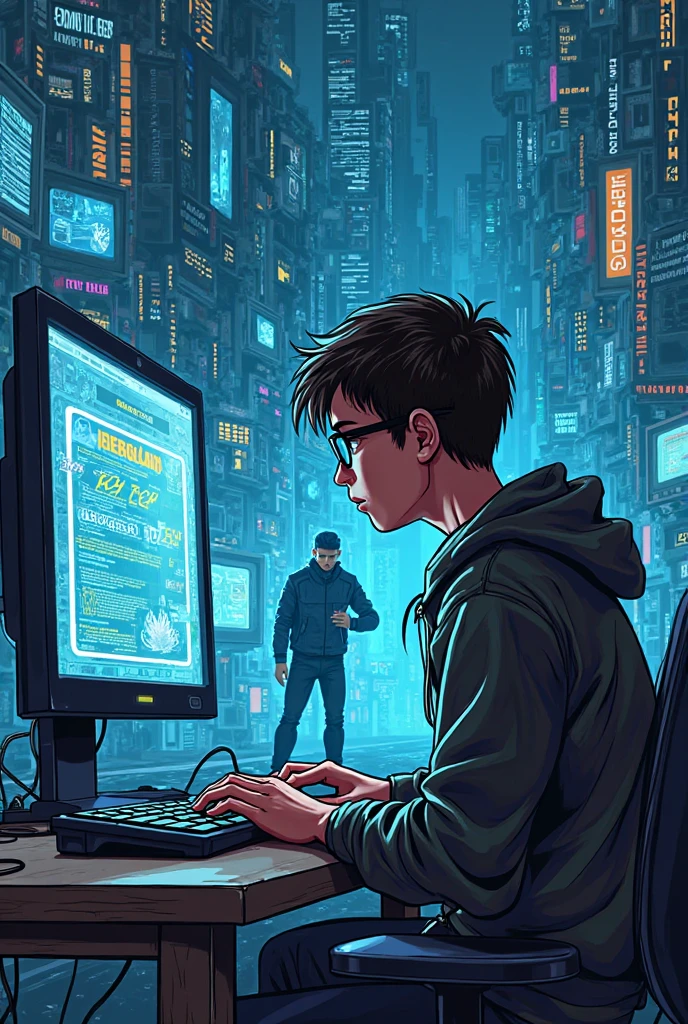 A hacker talking about cybersecurity, emosional, a young man, 27 years old, glasses, blue eyes, in front of servers, revenge, god light, stunning arts, black hat, revenge, cyber wars, watch dogs, hacking.