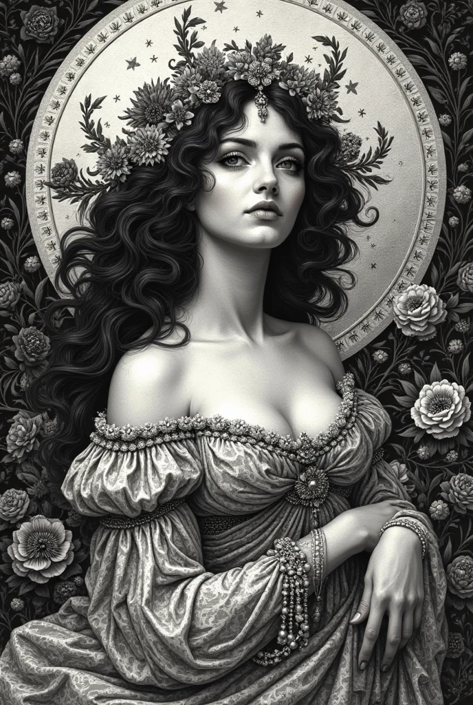chiaroscuro technique on sensual illustration Illustration art, by IrinaKapi. Surrealism, vintage abstraction, girl with white raven and black roses, ultra details oh clothes, best quality, masterpiece, painting, concept art, emotionally, atmospheric, aesthetics of romanticism, represent transformation and the ability to see beyond the surface, hint of dramatic