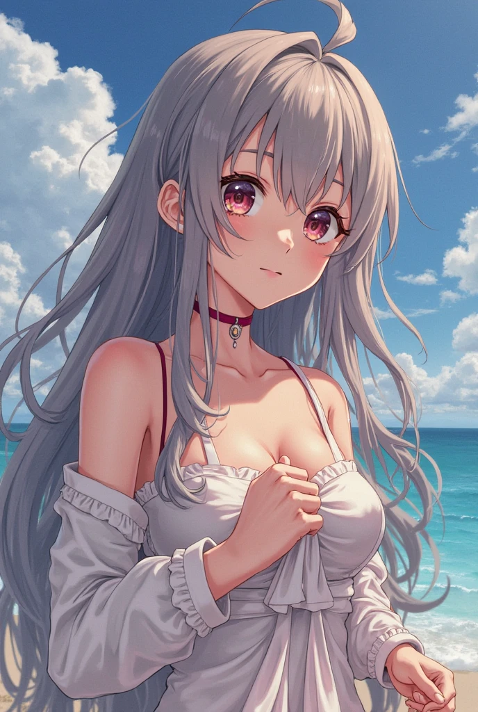 top-quality、tmasterpiece、Very high resolution、super high image quality、High-quality pixels)、perfect eyes, perfect face, solo，8K, large breast，(Detailed description of hair), (Detailed description of face),(Detailed description of body), fair and clear skin, matchless beauty, long legged, (30 years old)，facing the audience, professional photographic lighting，detailed light red eyeballs and blue eyeballs, silver hair，heterochromia, cowbody shot，very long hair，bangs，tight swimsuit，ssmile，blue sky，beach，multicolor hair，blue and red slices of hair，white bear ears，tall and strong body
