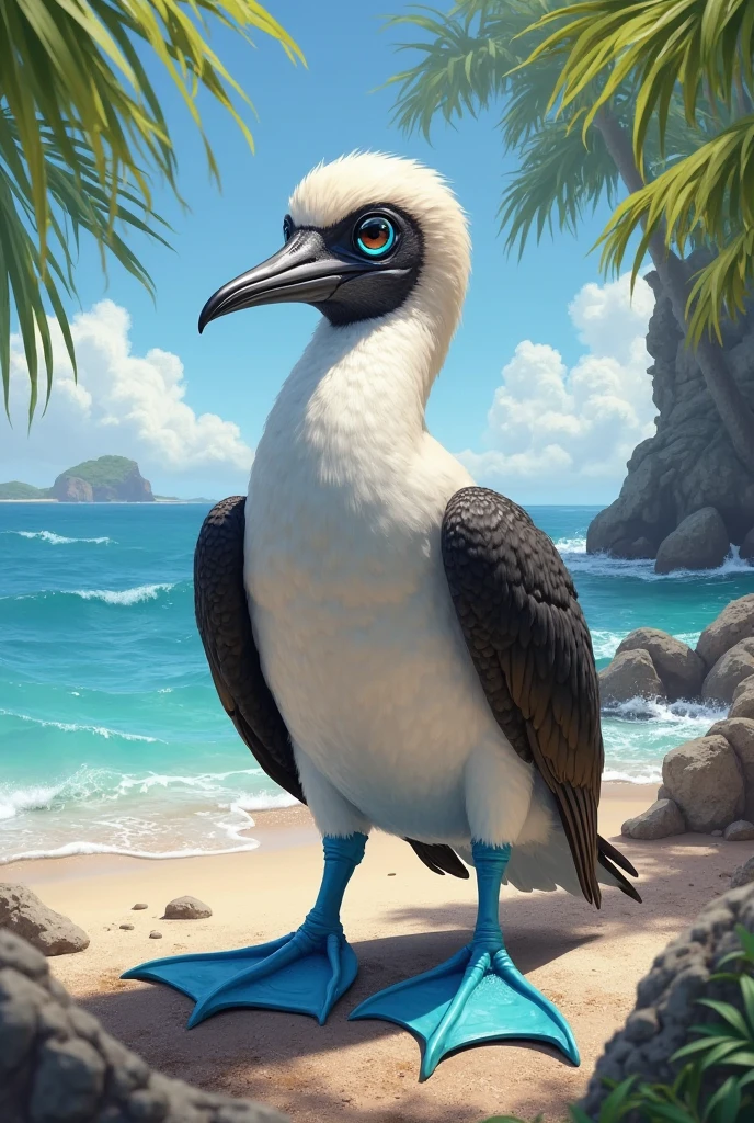 Solo female, toucan, avian, bird, , black feathers, blue bikini bottom, , flower lei, holding coconut drink, beach, Hawaiian, tropical, palm trees in background