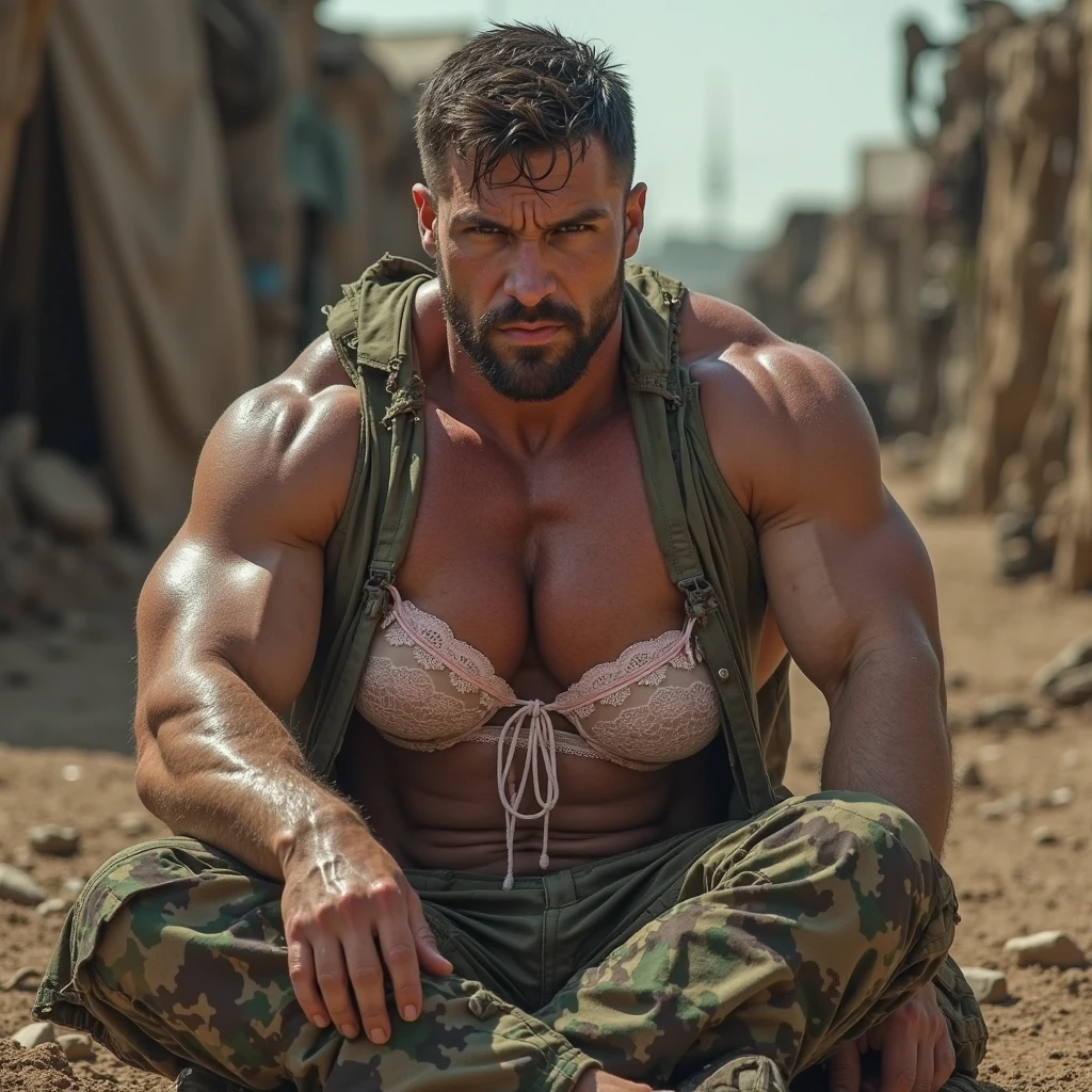 1boy, European, solo, facial hair,34 yrs old, dom, male focus, bara, muscular, mature male, muscular male, beard, short hair, thick eyebrows, daddy male, thighs, fancy suit, fwir skin, tie, tight camo t-shirt, tight pants, open jacket, cybernetic bodysuit, soldier suit, erection, erection under clothes, cowboy shot, soldier uniform, feet out of frame, thick thighs, looking at viewer, masterpiece, 4k, high quality, highres, absurdres,