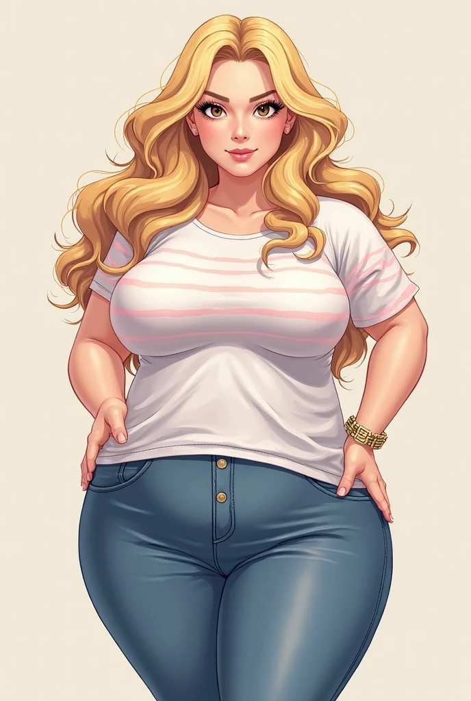 Beautiful plus size anime girl, fashion able overweight girl, pretty, large breasts, wide hips, big tummy, large stomach, cute stomach bump, fashion, outfit, cool pretty clothes, long hair, waist length hair, blonde hair, straight hair, stomach rolls, back rolls, fat, overweight, cute clothes with long shirt, low cut shirt, cool pants, jewlery, lots of accessories, long shirt