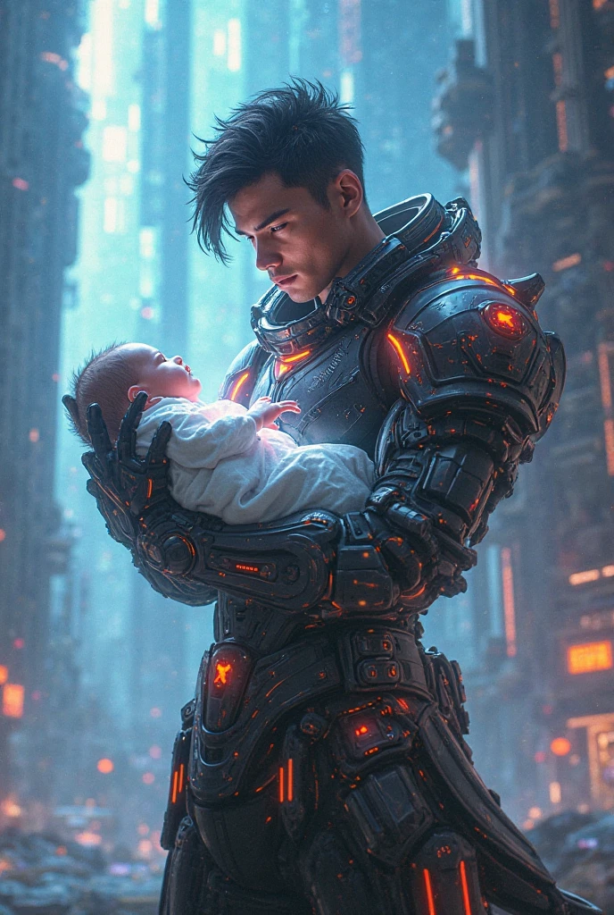 man with a boy, cyber punk, futuristic, anime, drawing, manga, games,