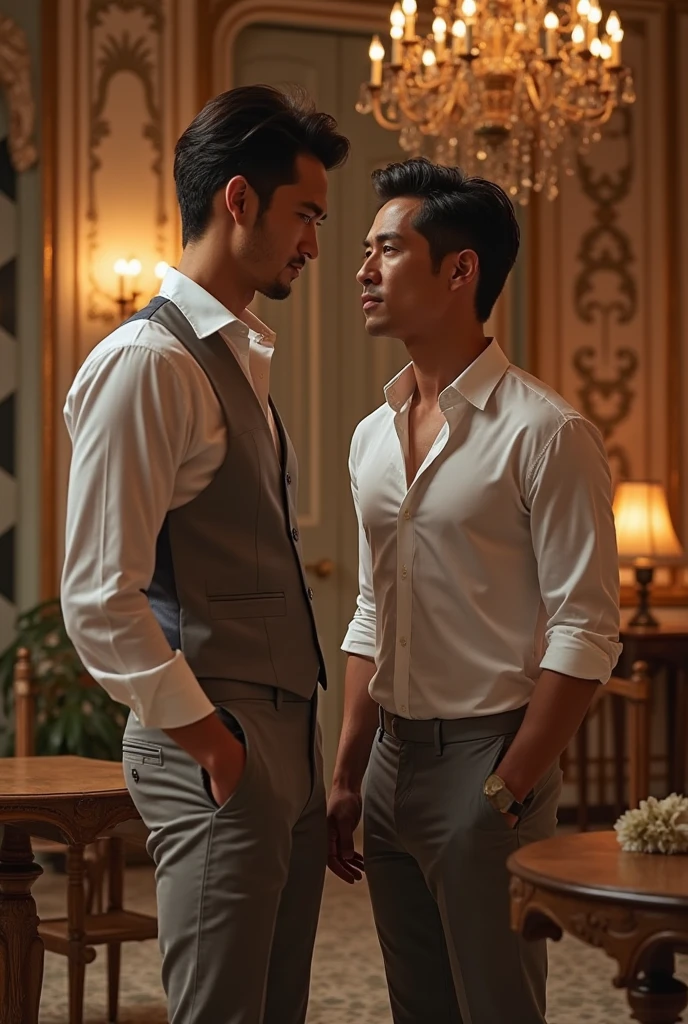 Attractive Asian man 32 years old wearing a black suit and white shirt smiles at handsome 42 year old Latino man wearing a pullover and green pants. environment, purple, red, and orange sunset sky. Homoerotic 1:3. photorealistic 1:4.