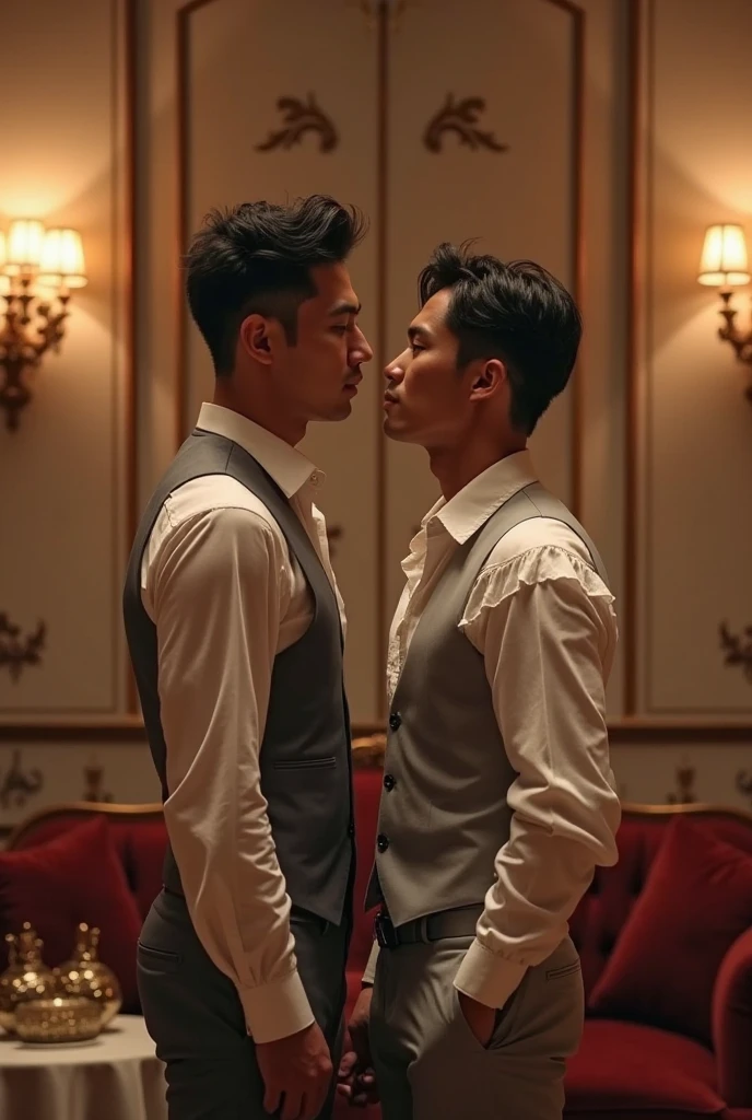 two men, two males, hyper realistic image of extremely handsome 30 year old filipino man, mature features, wearing a fancy suit, kissing a handsome 30 year old muscular filipino man wearing a fitted black suit, in an enclosed elevator, sex from behind, standing sex, perfect face, front view, full body, fill frame, zoomed out, highly detailed, intricate details, sharp focus