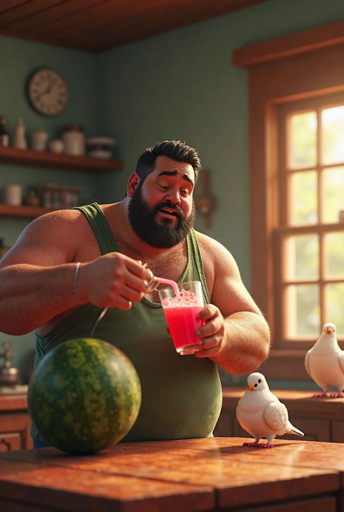 Only plump, chubby, extremely thick thighs, large belly, fat, age 45, bearded, usando apenas sunga branca,((Fios de Cabelos cor preto)) he is holding a glass of drinks, he is holding a glass of drink, he is holding a bottle of drink, he is holding a mug of choop.