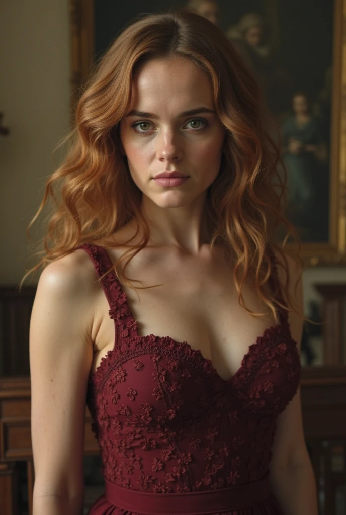 MILF, photo vintage, visage parfait, proportionnel avec le corps, (belles mains: 4 doigts et 1 pouce), rousse, Taquine, tache de rousseur, award-winning photo, choker