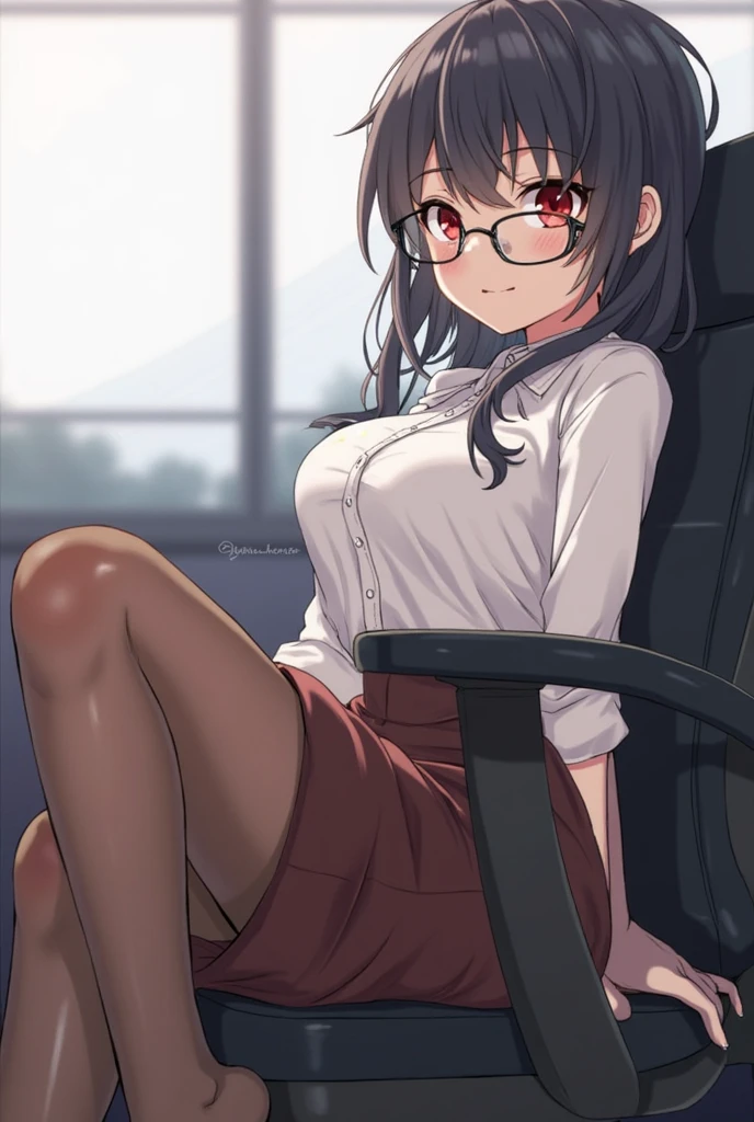 Browsing Caution, アニメ、Attractive office lady,28 years old,Black Hair,Medium Hair,Brown eyes,Highest quality、Unity 8k wallpaper、32k、masterpiece、Ultra-detailed、Ultra-high resolution、Natural Light、(Very detailed and complex)、Beautiful face and eyes in every detail、Sharp pupils、smile、High heels、Woman in skirt and shirt sitting on the desk, office服, on the desk, Sit at a desk, Sitting at a desk,Bent knees、Spread your legs、Spread your legs、Panty shot、 Business casual attire, Sexy、Business Attire,office, At work, Wearing glasses, Fully clothed, business attire, Embarrassing, smile、business suit、Cleavage、Sexy