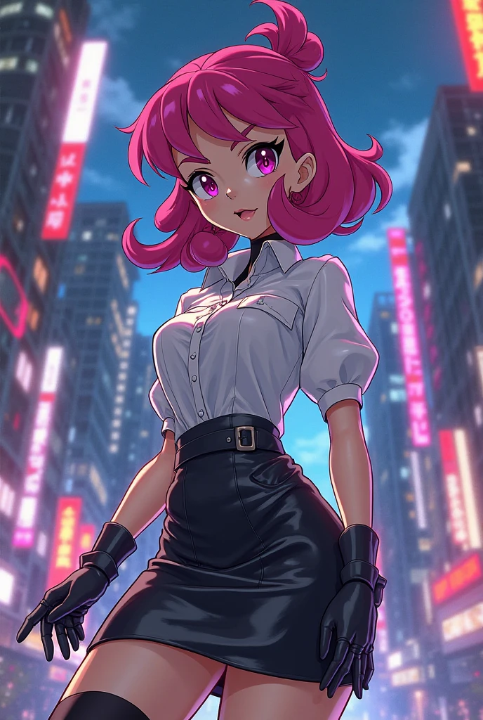 An amazing illustration of a 20 yo girl dressed in a magenta shirt that is unbuttoned, In a nighttime back alley setting with no lights, the clothes expose her figure, short hair, green eyes, beaming smile, short skirt, black fishnet stockings, woven slides, straw fedora hat, night
<lora:Detail Tweaker:1>