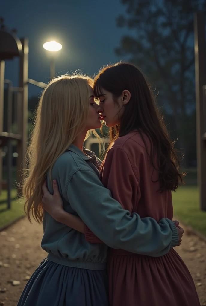 they are hugging and sexually kissing each other on the field of a soccer game, Silvia Neid, a blond and shorthaired boy in a cotton t-shirt is kissing a woman who is wearing a high shine laquered coat, a woman with long blond hair in a high shine laquered coat is in love and passionately kissing with tongue a shorthaired boy in a matte cotton shirt, tongue kiss erotic kissing, passionate love scene, erotic action, kissing together, sexy