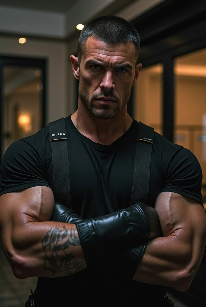 ((masterpiece)), ((best quality:1.2)), high resolution, 8K, (extremist_actual:1.3), (photoactual:1.4), Male focus, 1 boy, backwards have, arms, Vest, solitary, white Vest, 步gun, Pants, wristwatch, gun, Keep arms, muscular, Keep, watch, assault 步gun, Baseball cap, Keep gun, have, short hair, black Pants, Big bulge,Excellent J8,Chest muscles, muscular male, looking at the audience, Brown eyes, 仅have的, Jewelry, Black Hair, bracelet, actual,Perfect hand details