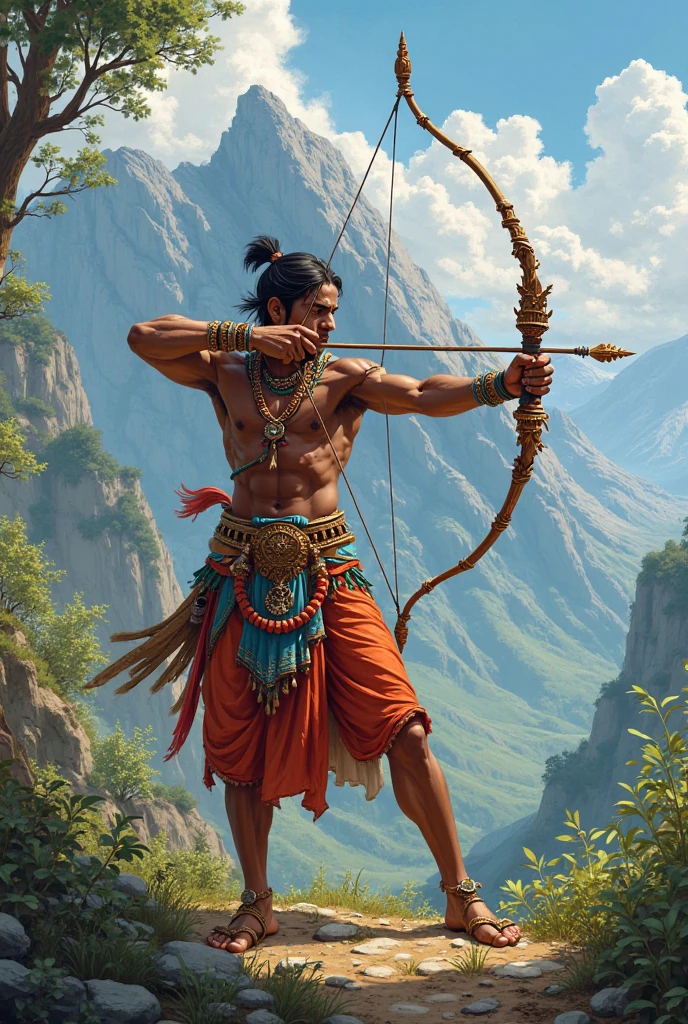 A warrior from mahabharat name Arjun bows his head, shooting arrows at the sky