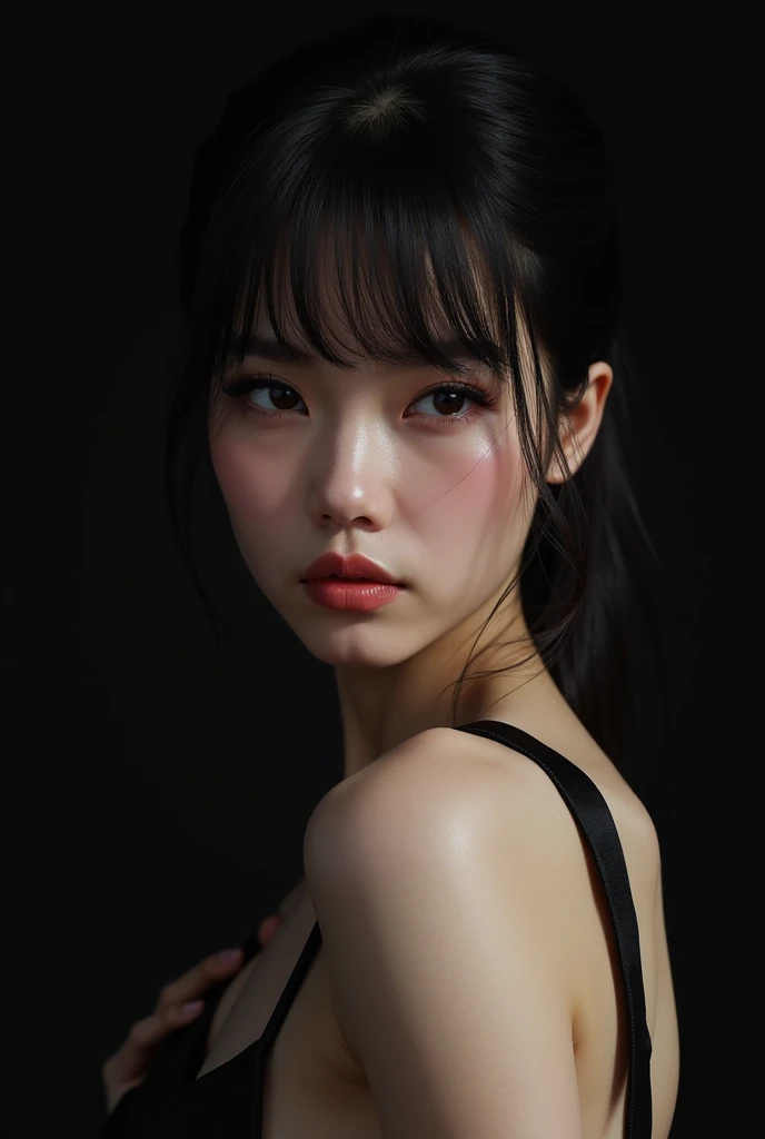 cinematic film, Realistic photograph,realistic, score_9, score_8_up, score_7_up, score_6_up,
1girl, solo, from front, upper body, Ahri \(league of legends\), black background, makeup, sidelighting, backlighting, glowing,