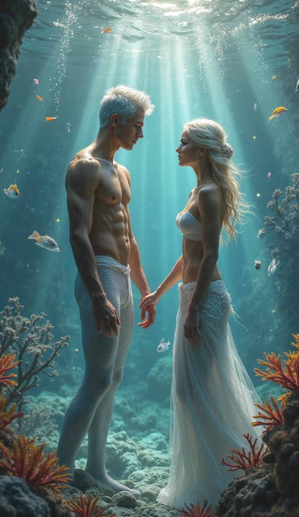 Nordic man with long hair and pure white skin,  wears a pearly bathing suit to take a dip in a Greek pool, next to him is a delicate golden reptilian sensual woman, with simple armor on the chest. She touches the chest of the Nordic man 