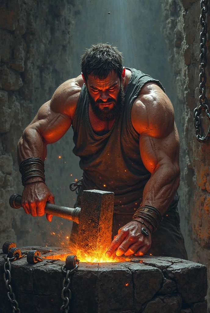A man with a fit body is holding an ax above his head and is attacking through a portal