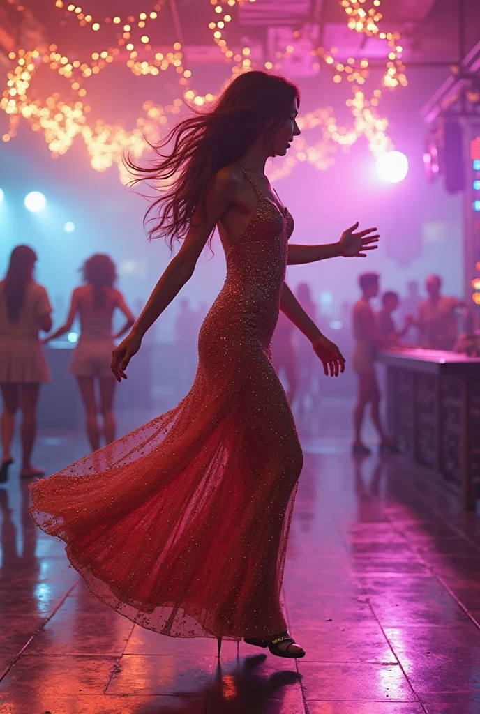 (girl with long eyelashes and bright red lips, Vestida de forma elegante),(Excellent quality,shine of light),(disco:1.1),bright coloured,Physically based rendering,ultra-fine painting,sharp focus,portraits,hair loose in the wind,dancing,neon lights,shining stars,nightclub atmosphere,energetic atmosphere, vibrations,mirror ball,glossy makeup,sparkling dress,strong music,exciting energy,life celebration,happy moments,happy crowd of people,Happiness and fun,festive atmosphere,dazzling lights,Lively rhythm,ecstatic expressions,unforgettable memories,dynamic movements,exciting experience,Triggering passions,unbridled joy,living the moment
