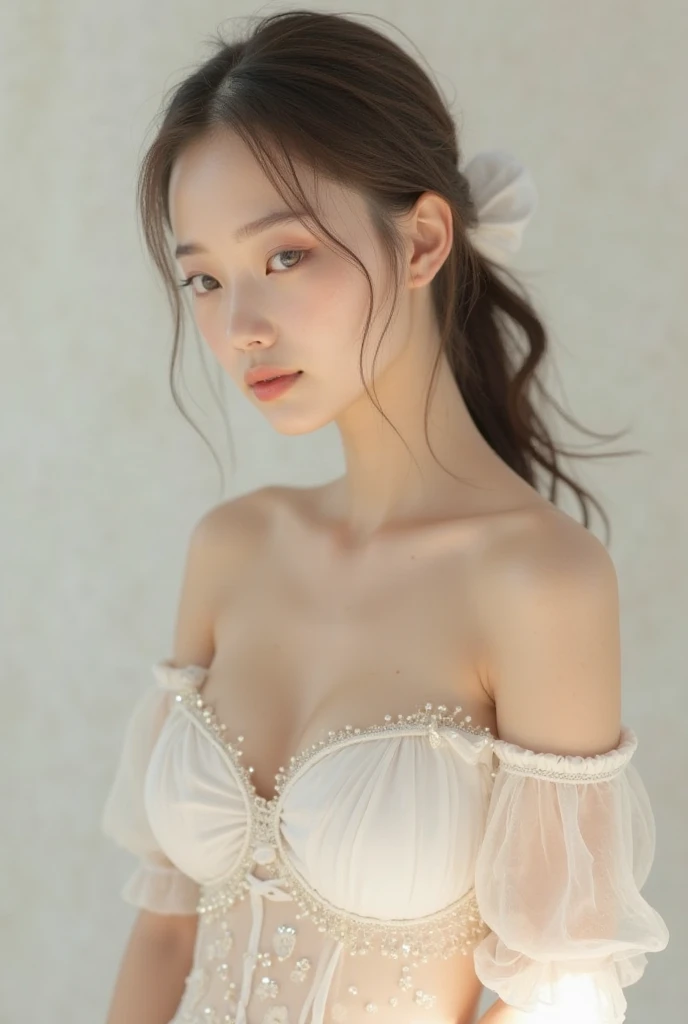 White Background、Professional Lighting、(((Professional Lighting 1.5)))、Translucent skin texture、Beautiful Skin、Beautiful Skin、、(((Whitening 1.5)))、White Bra、See-through、、Ecstasy of Musical Notes、((White Bra1.5))、See-through1.5、Bust up photo、Simple earrings and necklace、Fluttering Hair、
