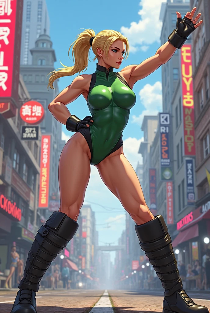 1 girl, caucasian, ((detailed face)), milf cammy from street fighter wear (green leotard), night street background, standing, looking at camera, arms behind head, UHD, bokeh, ray tracing