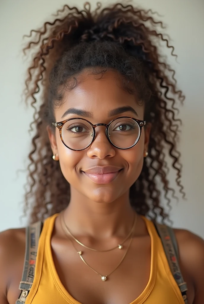 14 year old girl with 4c hair clear glasses and hoop earrings with dimples