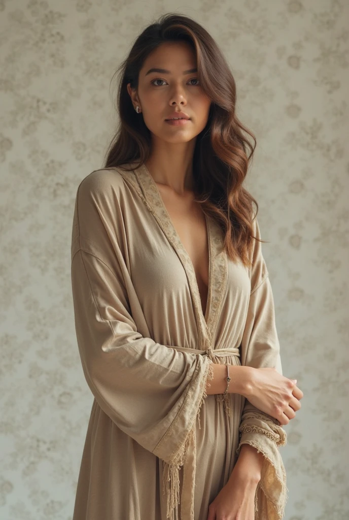 RAW photo,candid photograph, full body,photo of a beautiful,influencer,30yo Kurdish woman,wearing a beige Kaftan, detailed skin,pubes,naked, looking at viewer, thick body structure,white background,no background, candid pose,blue light, film grain, kodak color, instagram LUT