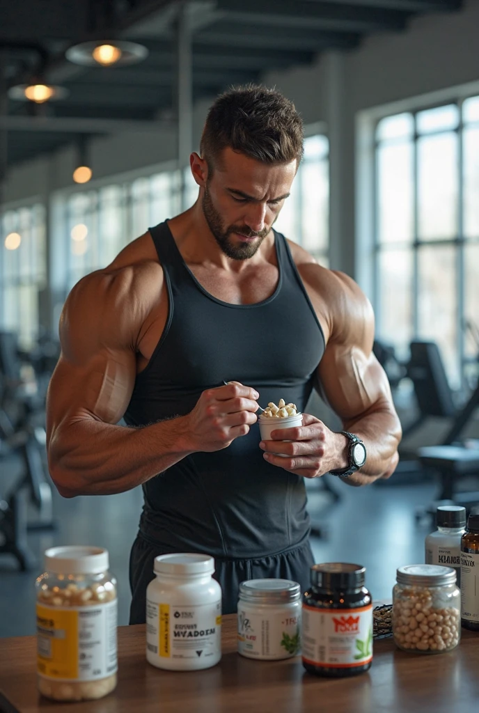 Muscular guy holding his thumps up while drinking green tea