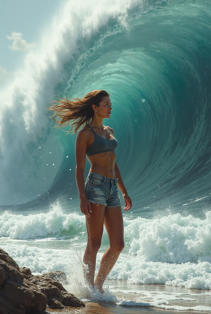 A Stunning girl in WHITE (Skinny school swimwear) surfing on the waves, BackLighting, standing on her surfboard (Floating on Top of a Wave:1.37), surrounded by sparkling water. WetHair Oiled pearl skin, Splashing sparkling water Particles, TyndallEffect ((Dazzling colorful Horizon Visible through ThighGap)) Starry IridescentParticles BREAK beautiful detailed eyes with (sparkling highlights:1.28), (extremely detailed face), Dynamic Joyful Expressions LifeLike Rendering (ManoErina:1.0)